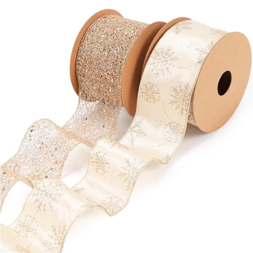 LaRibbons Weihnachts-Glitzerband mit Draht, 6,3 cm breit (2 Rollen, 20 Yards tt), silberfarbene Schneeflocke, metallisches Netz-Satinband für Weihnachtsbaumgirlande, Geschenkverpackungen, von LaRibbons