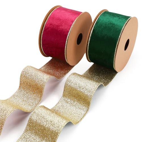 LaRibbons Weihnachts-Samtband mit Draht, (2 Rollen 20 Yards tt 2,5 Zoll breit, doppelseitig, rot/grün/goldfarben, Samtband für Weihnachtsbaum, Geschenkverpackung, Kranzschleife, Outdoor-Dekoration von LaRibbons