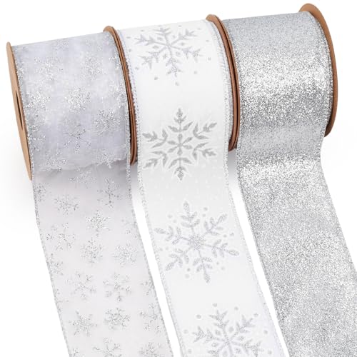 LaRibbons Weihnachtsband mit Draht, (3 Rollen 18 Yards tt 2,5 Zoll breit, weiß und silberfarbenes Band-Set für Weihnachtsbaum, Geschenkverpackung, Kranzschleife, Outdoor-Dekoration von LaRibbons