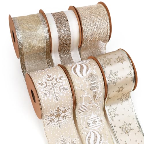 LaRibbons Weihnachtsband mit Draht, (6 Rollen 36 Yards tt 2,5 Zoll breit, Goldband-Set für Weihnachtsbaum, Geschenkverpackung, Kranzschleife, Outdoor-Dekoration von LaRibbons