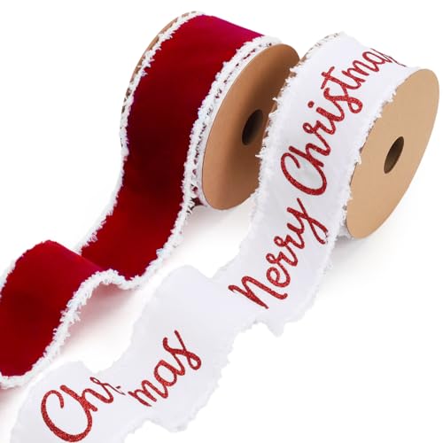 LaRibbons Weihnachtsband mit Draht, Jute- und Samtband für Geschenkverpackungen, Heimdekoration, Weihnachtsbaumspitze, Kranz, Rot-Weiß, 2 Rollen von LaRibbons