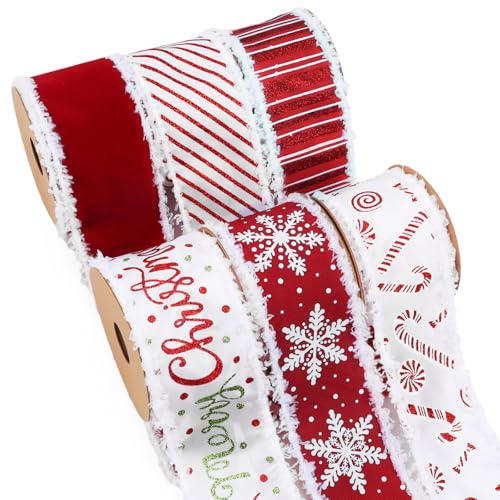 LaRibbons Weihnachtsband mit Draht, Jute- und Samtband für Geschenkverpackungen, Heimdekoration, Weihnachtsbaumspitze, Kranz, rot-weiße Streifen, 6 Rollen von LaRibbons