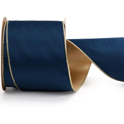 LaRibbons Wendbares Samtband aus Lurex, 10,2 cm, Knautschsamtband für Geschenkverpackungen, Weihnachtsbaumdekoration, Bastelarbeiten, Kränze, Marineblau, Gold von LaRibbons