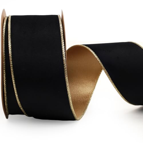 LaRibbons Wendbares Samtband aus Lurex, 6,4 cm, Knautschsamtband für Geschenkverpackungen, Weihnachtsbaumdekoration, Bastelarbeiten, Kränze, Schwarz-Gold von LaRibbons