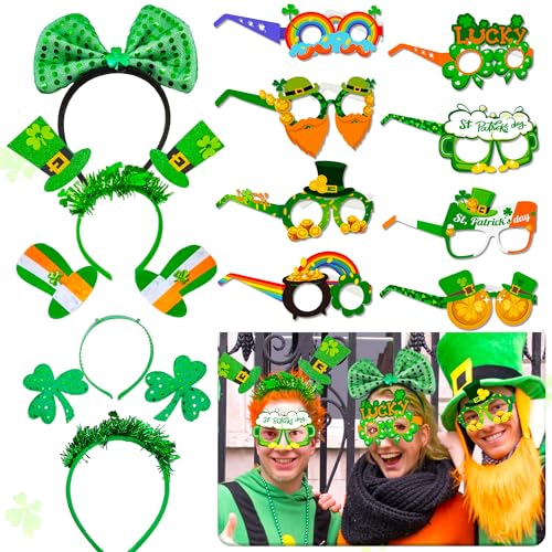 LaVenty 12pcs Grün St. Patrick's Day Photo Booth Requisiten Stirnband Brille St Patricks Day Stirnband Irish Shamrock Party Dekoration Zubehör Geschenke für Fotografie Grün Dress up Favors Zubehör von LaVenty