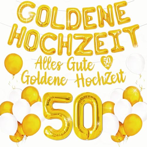 LaVenty 50 Goldene Hochzeitstags Dekoration 50 Hochzeitstag Dekorationen 50 Goldene Hochzeitsbanner Happy 50th Anniversary Luftballons Goldweiße Luftballons Herzballons 50 Golden Wedding von LaVenty