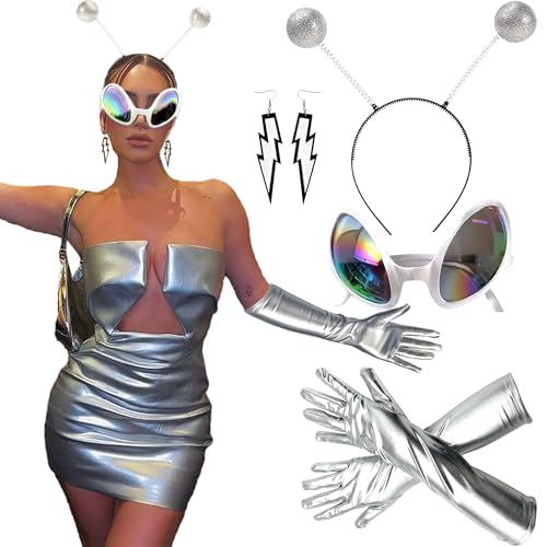 LaVenty Alien Glasses Alien Accessoires Alien Kostüm Set Alien Stirnband Brille Alien Haarreif in silver Space Girl Kostüm Damen Alien Weltall Karneval Costume Außerirdische Weltraum Kostüm Ufo Kostüm von LaVenty