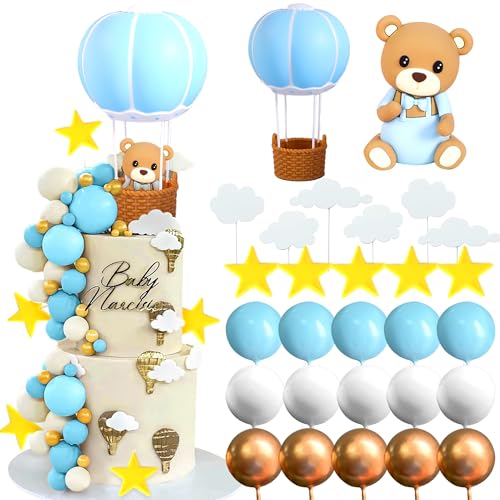 LaVenty Blauer Bär Tortendeko Blau Gold Kugeln Cake Topper Heißluftballons Bären Kuchen Tortendeko Baby Shower Geburtstag Tortendeko von LaVenty