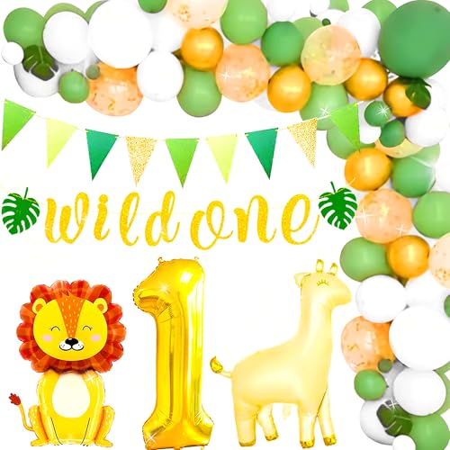 LaVenty Jungle Wild One Birthday Banner Safari Party Geburtstag Dschungel Geburtstagsdeko 1 Jahr alt Geburtstagsdekorationen Wild One Banner Luftballons von LaVenty