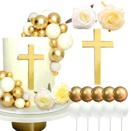 LaVenty Kreuz Kuchen Dekoration Weißgold Kuchen Dekoration Rose Kuchen Dekoration Kreuz Cake Topper für Babyparty Hochzeitstorte Geburtstag Kommunion Party von LaVenty