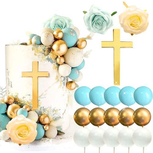 LaVenty Kreuz Tortendeko Blau Weiß Tortendeko Rose Tortendeko Taufe Tortendeko Baby Shower Tortendeko Hochzeit Tortendeko Palmblätter Tortendeko von LaVenty