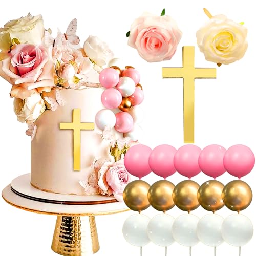 LaVenty Kreuz Tortendeko Rosa Weiß Tortendeko Rose Tortendeko Taufe Tortendeko Baby Shower Tortendeko Hochzeit Tortendeko Palmblätter Tortendeko von LaVenty