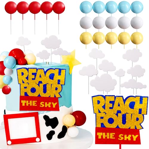 LaVenty Reach Four the Sky Cake Topper Birthday Decorations Yellow Red Blue Balls Cake Decoration 4th Birthday Cake Topper for Boy 4 Birthday Party von LaVenty