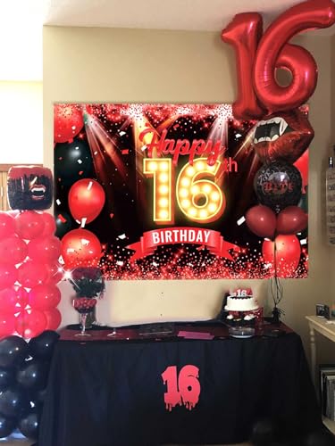 LaVenty 16.Geburtstagsdeko Schwarz Rot 16 Geburtstag Partydekoration Happy Birthday Banner Geburtstag für Mädchen Junge Frauen Rötlich Schwarz Level von LaVenty