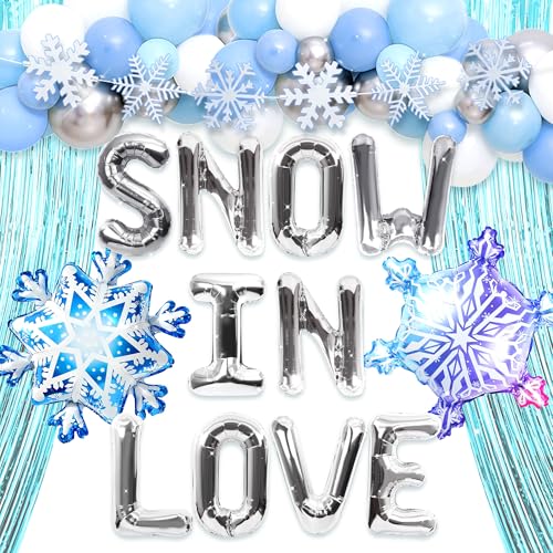 LaVenty Snow In Love Brautdusche Ballon Schild Dekoration Winter Brautdusche Dekorationen Schneeflocken Luftballons Silber Girlande mit Schneeflocken von LaVenty