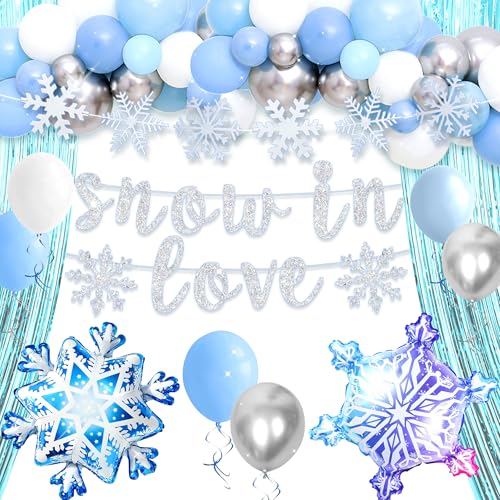 LaVenty Snow In Love Brautdusche Banner Dekoration Winter Schneeflocke Brautdusche Dekorationen Schneeflocke Luftballons Silber Girlande mit Schneeflocken von LaVenty