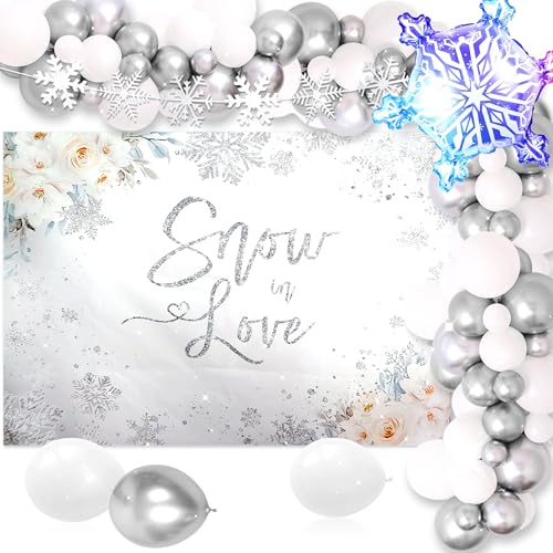 LaVenty Snow In Love Brautdusche Dekoration Winter Brautdusche Dekorationen Schneeflocken Luftballons Silber Girlande mit Schneeflocken von LaVenty