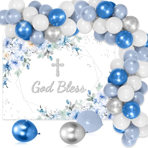 LaVenty Taufe Party Dekorationen God Bless Party Dekorationen Blau Silber Ballon Girlande Hintergrund Kreuz Ballon für Erstkommunion Konfirmation Party Supplies von LaVenty