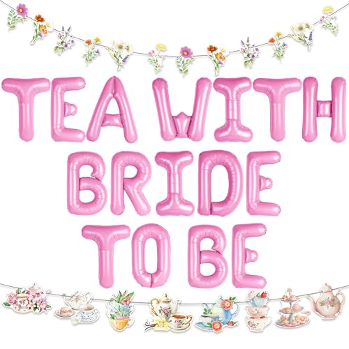 LaVenty Tea With Bride To Be Luftballons, Teeparty-Dekorationen, Ballon-Girlande, Bogen-Banner, Blumenmuster, Schmetterling, Teekanne, Banner für Brautparty, Junggesellinnenabschied, Hochzeitsfeier von LaVenty