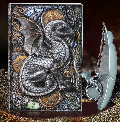 LaVenty Vintage Dragon DND Notizbuch Drachen Papier Notizblock Hardcover A5 Notizbuch Geschenke für Dungeons & Dragons Spieler DND Notizbuch Geburtstagsgeschenke für Männer Silberfarben von LaVenty