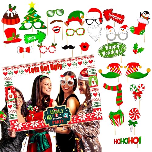 LaVenty Weihnachten Photo Booth Requisiten Weihnachtsdeko Fotobox Accessoires Weihnachten Party Game Supplies Weihnachtsparty Foto Booth Requisiten Dekorationen Lets Get Ugly Sweater Partydekoration von LaVenty