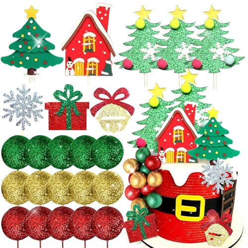 LaVenty Weihnachtsbaum Kuchen Topper Weihnachtshaus Tortendeko Grün Rot Kugeln Schneeflocke Kuchen Dekoration Lebkuchenhaus Kuchen Dekoration für Weihnachten Party Supplies von LaVenty