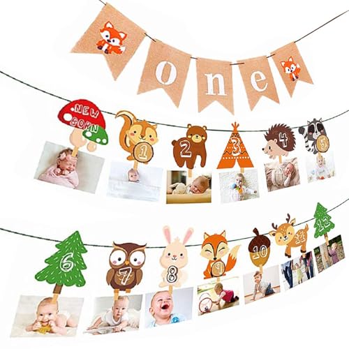 LaVenty Woodland First Year Foto-Banner "Wild One First Birthday", Party-Dekoration, Waldtiere, 12 Monate, 2 Stück von LaVenty