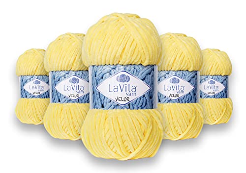 LaVita Yarn VELUR Handstrickgarn, Wolle 5-Teilige Packung, 100% Micro-Polyestergarn, 1 Knäuel 100 gr, 120 mt (2026-Gelb) von LaVita Yarn