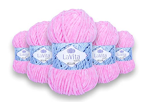 LaVita Yarn VELUR Handstrickgarn, Wolle 5-Teilige Packung, 100% Micro-Polyestergarn, 1 Knäuel 100 gr, 120 mt (4017-Candy Pink) von LaVita Yarn