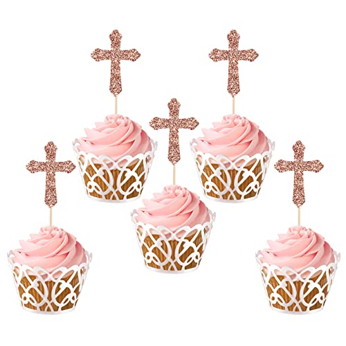 Labakita 24 Stück Tauf-Kreuz-Cupcake-Topper – God Bless Cupcake-Topper, Erstkommunion, Babyparty, Baby-Täufer, Cupcake-Dekoration, Erstkommunion, Party-Dekorationen (Roségold) von Labakita