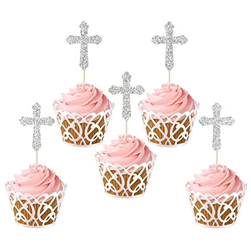 Labakita 24 Stück Tauf-Kreuz-Cupcake-Topper – God Bless Cupcake-Topper, Erstkommunion, Babyparty, Babyparty, Baby-Täufer, Cupcake-Dekoration, Erstkommunion, Party-Dekoration (Silber) von Labakita