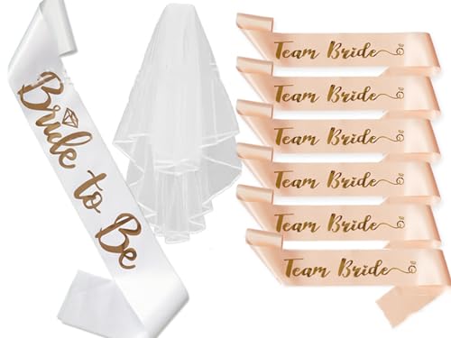 8 Stück Schärpe Schleier Set für Junggesellinnenabschied Frauen Accessoires Dekoration, Team Bride Deko Schärpe Set von Labbe