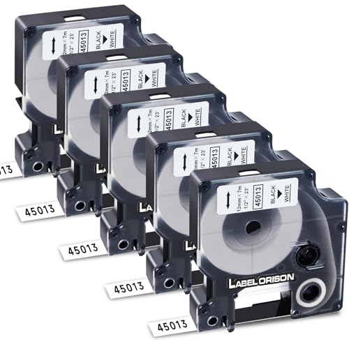 5X Etiketten Orison 45013 Nachfüllpackung Kompatibel mit Dymo D1 Etikettenband, 12mm x 7m Schwarz auf Weiß Band für DYMO LabelManager 160 210D 260P 280 360D 420P LabelWriter 400 450 Duo von Label Orison