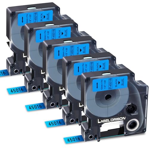 Label Orison 45016 Label Tape Kompatibel mit DYMO D1 Label Maker Nachfüllpacks für Dymo LabelManager 160 280 210D, 12mm x 7m (1/2 Zoll x 23 Fuß), 5-Pack, Schwarz auf Blau von Label Orison