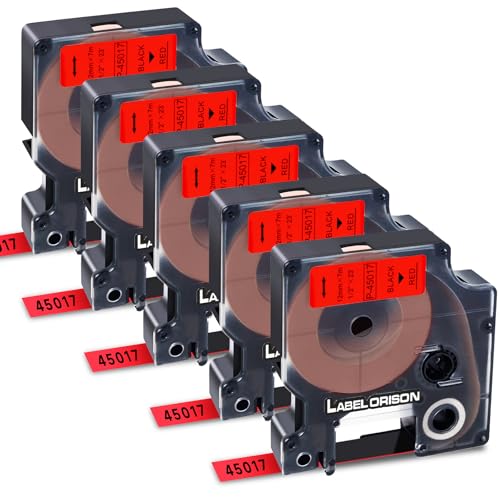 Label Orison A45017 Kompatibel mit Dymo D1 Etikettenband (12mm x 7m) Ersatz für Dymo LabelManager 160 220P 280 360D 420P 500TS, Schwarz auf Rot, 5X von Label Orison