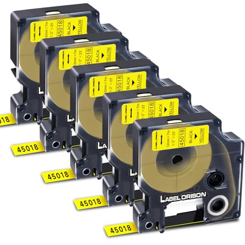 Label Orison A45018 Kompatibel mit Dymo D1-Etikettenband (12mm x 7m) Etikettierer Ersatz für Dymo LabelManager 160 220P 280 360D 420P 500TS, Schwarz auf Gelb, 5X von Label Orison