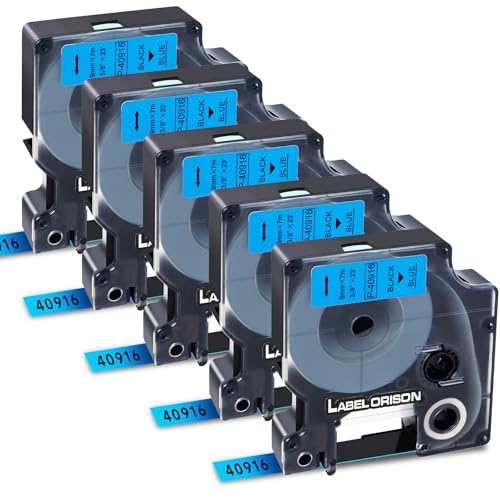 Label Orison 40916 9mm Kompatibel mit Dymo Label Maker Nachfüllpackungen für Dymo D1 Etikettenbänder, LabelManager 100 160 200 210D 280 500TS 420P 360D, Schwarz auf Blau, (9mm X 7m), 5X von Label Orison