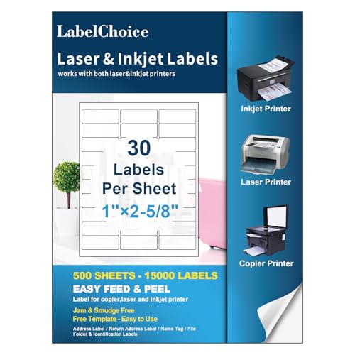 Labelchoice Versandadressetiketten für Laser- und Tintenstrahldrucker, 30 Etiketten à 2,5 x 6,1 cm, 500 Blatt, 15.000 Etiketten, 30 Etiketten pro Seite, 30 Etiketten pro Seite von LabelChoice