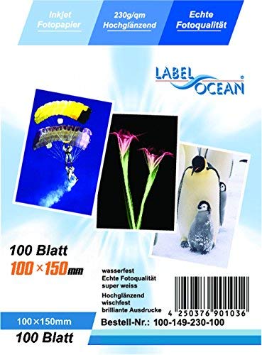 LabelOcean Premium Fotopapier 100 Blatt 10x15cm 230g/qm Highglossy hochglänzend wasserfest von LabelOcean