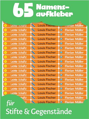 LabelTiger® Personalisierte Namensaufkleber für Kinder in der Schule - 65 Stück, Ideale Aufkleber für Stifte & Schulsachen, Selbstklebend & Wasserfest - Orange von LabelTiger