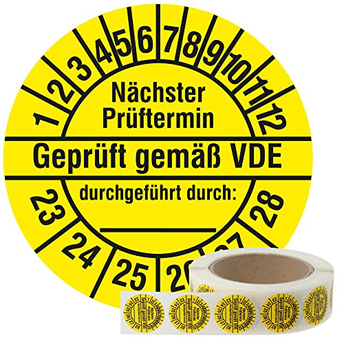 Labelident Elektro Prüfplaketten 2023-2028 - Geprüft gemäß VDE/Nächster Prüftermin - Ø 30 mm, 1.000 widerstandsfähige Mehrjahresprüfplaketten auf Rolle, Polyethylen, gelb-schwarz, selbstklebend von Labelident