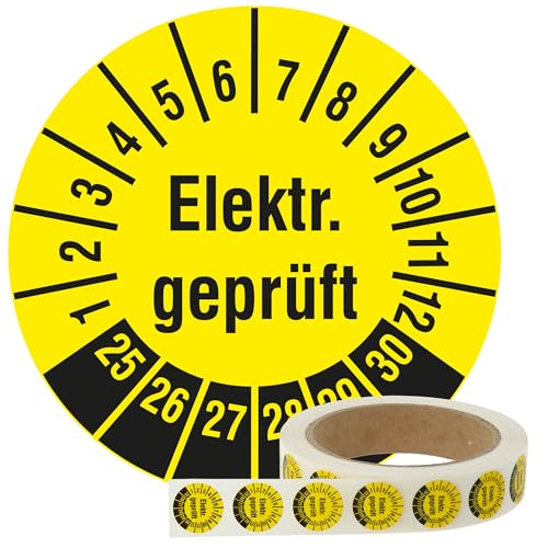 Labelident Elektro Prüfplaketten 2025-2030 - Elektr. geprüft - Ø 20 mm, 1.000 widerstandsfähige Mehrjahresprüfplaketten auf Rolle, Polyethylen, gelb-schwarz, selbstklebend von Labelident