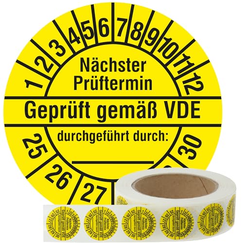 Labelident Elektro Prüfplaketten 2025-2030 - Geprüft gemäß VDE/Nächster Prüftermin - Ø 30 mm, 1.000 widerstandsfähige Mehrjahresprüfplaketten auf Rolle, Polyethylen, gelb-schwarz, selbstklebend von Labelident