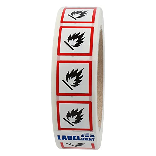 Labelident GHS 02 Etiketten 25 x 25 mm - Warnung feuergefährliche Stoffe - 1.000 Gefahrensymbole Aufkleber auf 1 Rolle(n), 3 Zoll (76,2 mm) Rollenkern, Polyethylen, GHS Kennzeichnung von Labelident