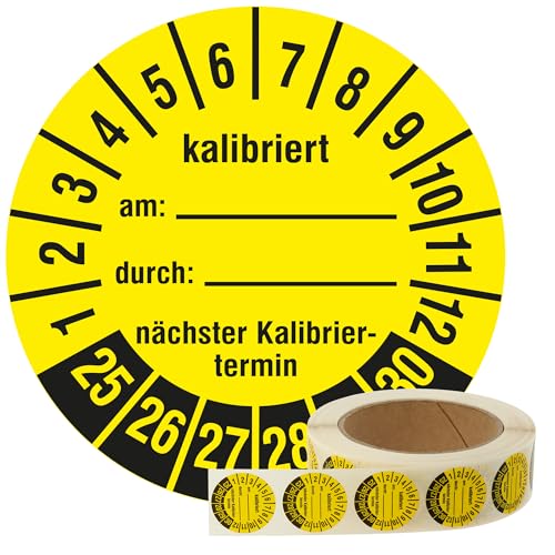 Labelident Prüfplaketten Kalibriert am, durch, nächster Kalibriertermin 2025-2030 - Ø 30 mm - 1.000 widerstandsfähige Mehrjahresprüfplaketten auf Rolle, Polyethylen, gelb-schwarz, selbstklebend von Labelident