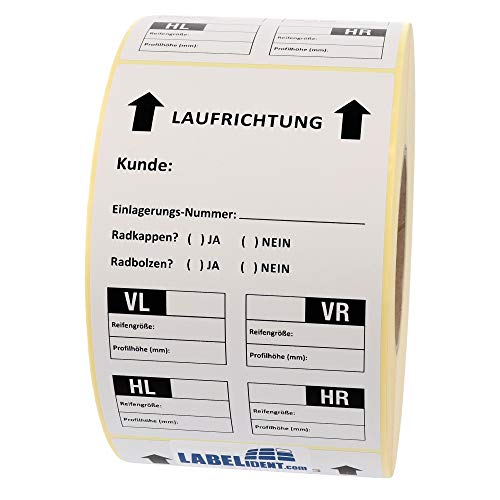 Labelident Reifenaufkleber für Einlagerung, Papier weiß-schwarz, 100 x 150 mm, 500 Etiketten auf 1 Rolle(n), extrem permanent, Trägerperfo. von Labelident