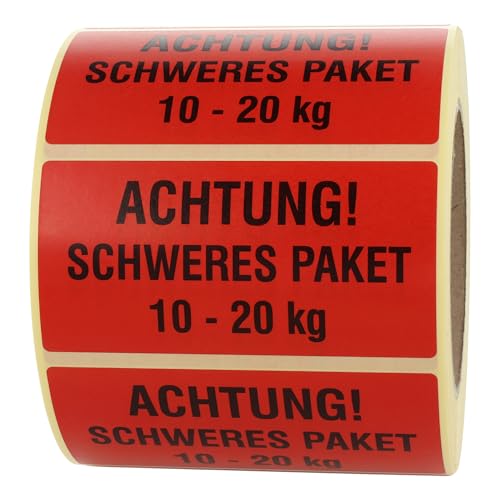 Labelident Warnetiketten 100 x 50 mm - Achtung! Schweres Paket 10 kg bis 20 kg - 1.000 Versandaufkleber auf 1 Rolle(n), 3 Zoll (76,2 mm) Kern, Papier selbstklebend von Labelident