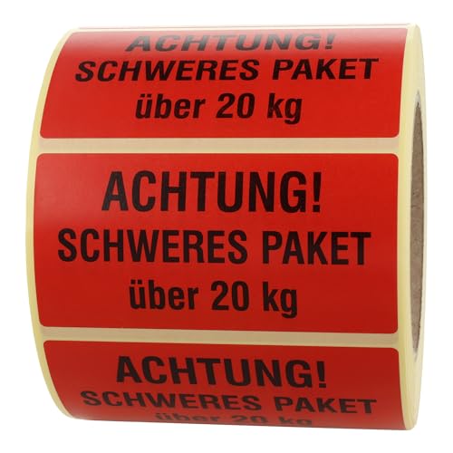 Labelident Warnetiketten 100 x 50 mm - Achtung! Schweres Paket ab 20 kg - 1.000 Versandaufkleber auf 1 Rolle(n), 3 Zoll (76,2 mm) Kern, Papier selbstklebend von Labelident