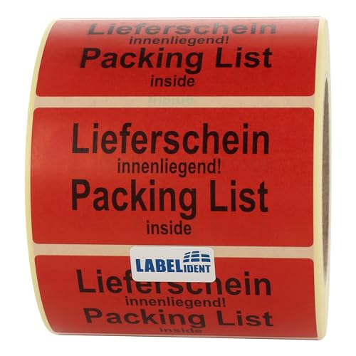 Labelident Warnetiketten auf Rolle 100 x 50 mm - Lieferschein innenliegend! Packing list inside - 1000 Versandaufkleber auf 1 Rolle(n), 3 Zoll Kern, Papier selbstklebend, rot von Labelident