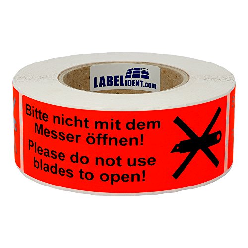 Labelident Warnetiketten 150 x 50 mm - Bitte nicht mit dem Messer öffnen/Please do not use blades to open - 500 Versandaufkleber auf 1 Rolle(n), 3 Zoll (76,2 mm) Kern, Papier selbstklebend von Labelident